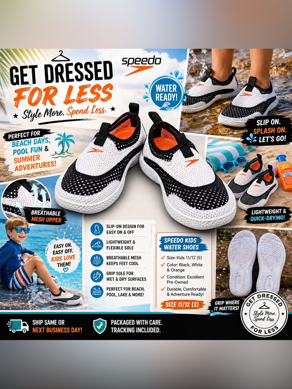 Speedo Kids Water Shoes 11/12 Slip On Swim Beach Pool Black White
